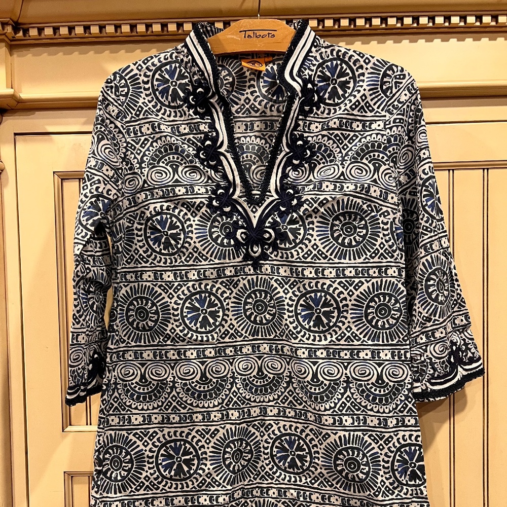 Tory Burch Resort Mini Dress in Blue and White with Mandarin Collar